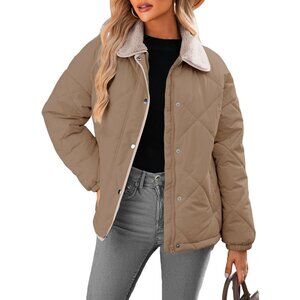 Women's French Beige Puffer Jackets Coats Long Sleeve Winter Button Outerwear